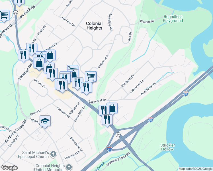 map of restaurants, bars, coffee shops, grocery stores, and more near 221 Hamilton Way in Kingsport