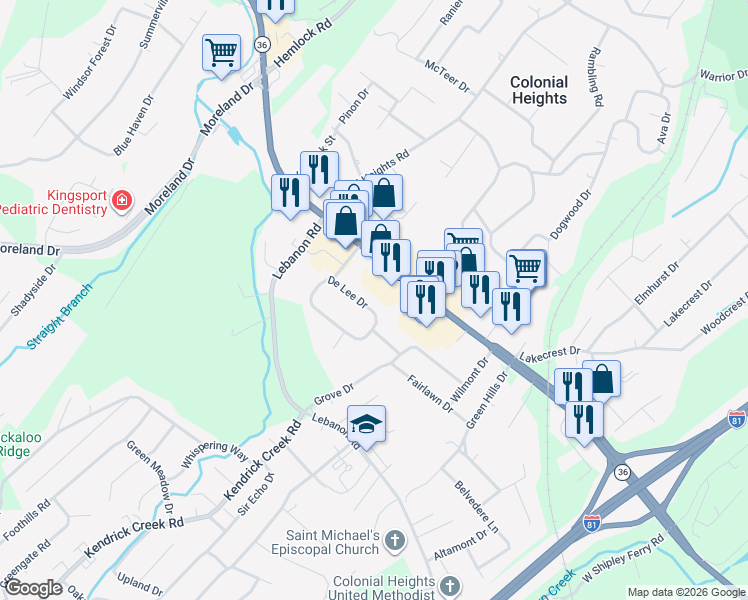 map of restaurants, bars, coffee shops, grocery stores, and more near 254 De Lee Drive in Kingsport