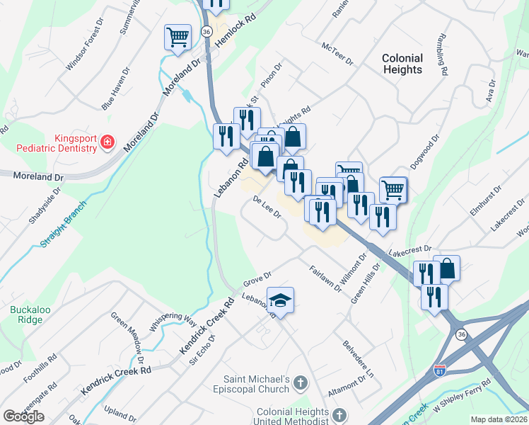 map of restaurants, bars, coffee shops, grocery stores, and more near 234 De Lee Drive in Kingsport
