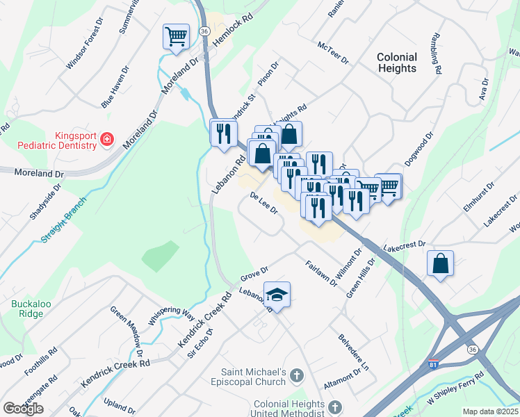 map of restaurants, bars, coffee shops, grocery stores, and more near 234 De Lee Drive in Kingsport