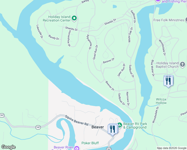 map of restaurants, bars, coffee shops, grocery stores, and more near 144 Appaloosa Drive in Holiday Island