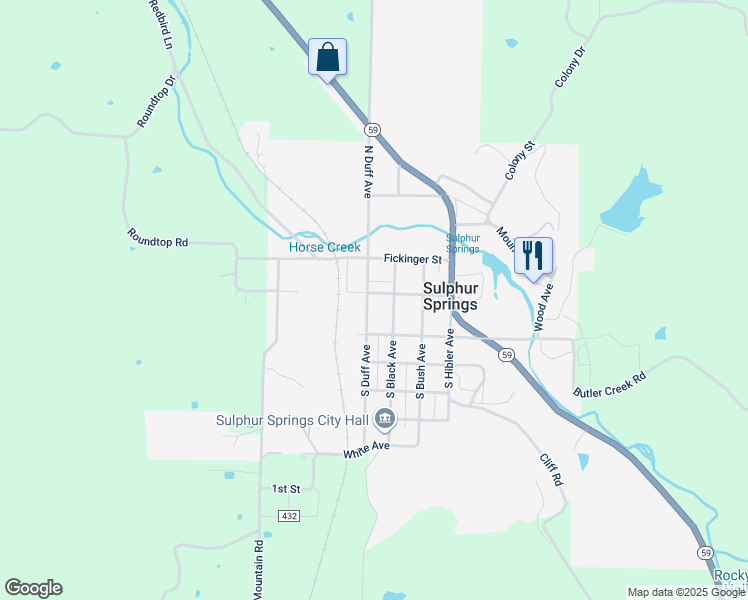 map of restaurants, bars, coffee shops, grocery stores, and more near 319 West Spring Street in Sulphur Springs