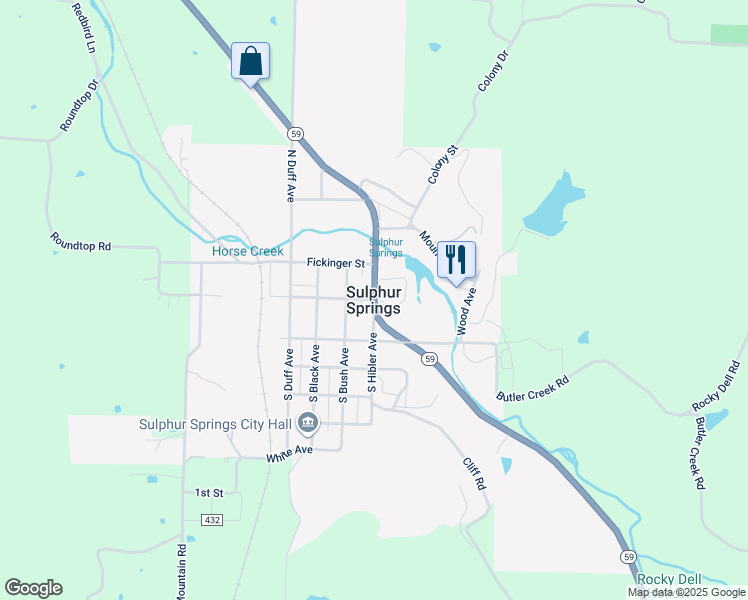 map of restaurants, bars, coffee shops, grocery stores, and more near State Highway 59 in Sulphur Springs