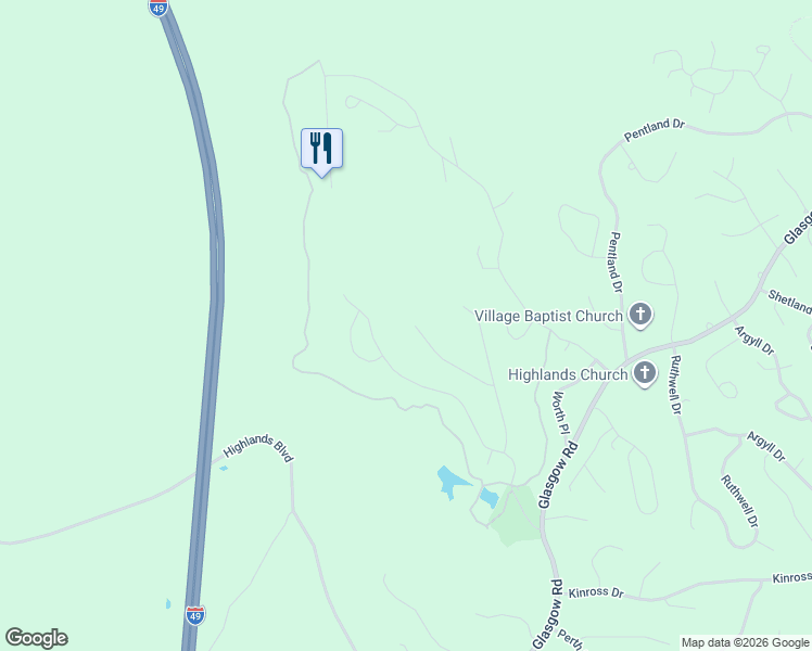 map of restaurants, bars, coffee shops, grocery stores, and more near 18 Kirkliston Lane in Bella Vista