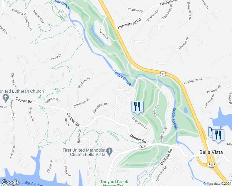 map of restaurants, bars, coffee shops, grocery stores, and more near 60 Dogwood Drive in Bella Vista