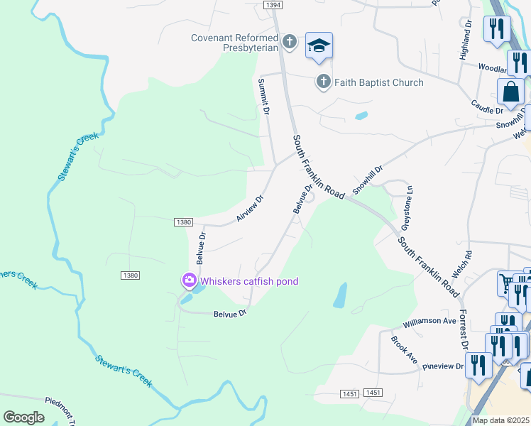 map of restaurants, bars, coffee shops, grocery stores, and more near 213 Airview Drive in Mount Airy