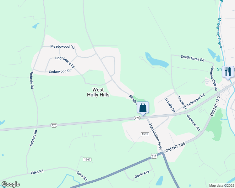 map of restaurants, bars, coffee shops, grocery stores, and more near 252 Shady Grove Road in Eden