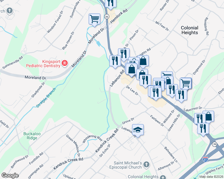map of restaurants, bars, coffee shops, grocery stores, and more near 302 Ashley Oaks Private Drive in Kingsport