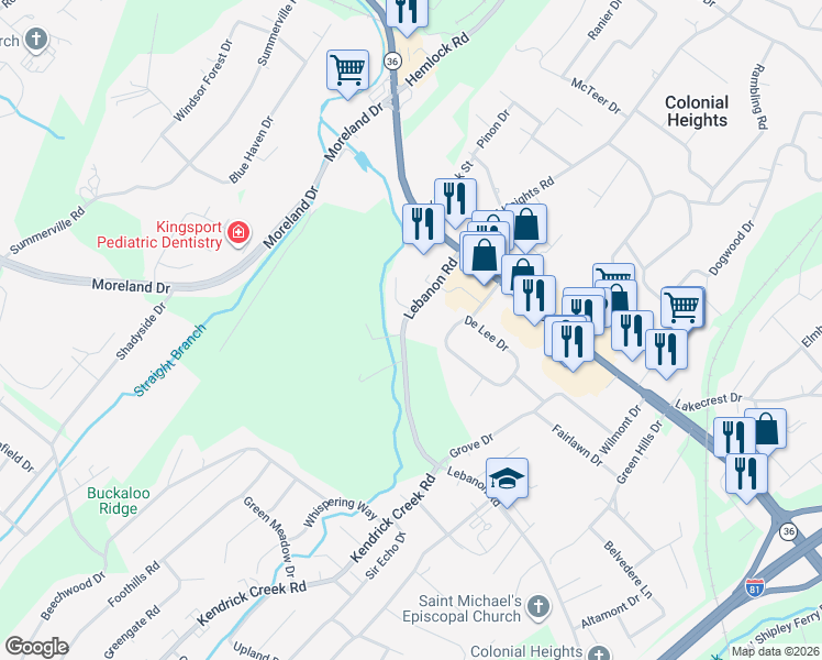 map of restaurants, bars, coffee shops, grocery stores, and more near 302 Ashley Oaks Private Drive in Kingsport