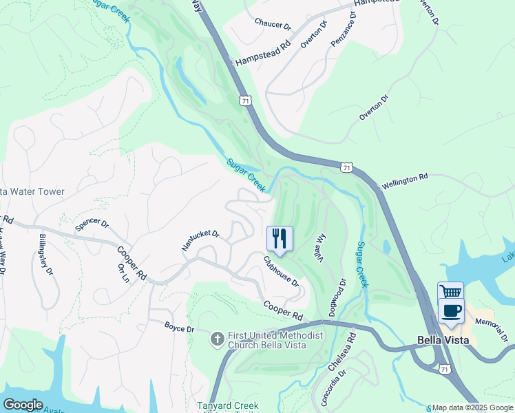 map of restaurants, bars, coffee shops, grocery stores, and more near 3 Tiffany Lane in Bella Vista