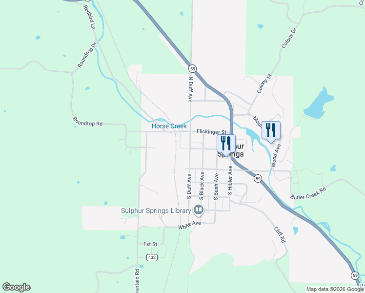 map of restaurants, bars, coffee shops, grocery stores, and more near 116 North Duff Avenue in Sulphur Springs