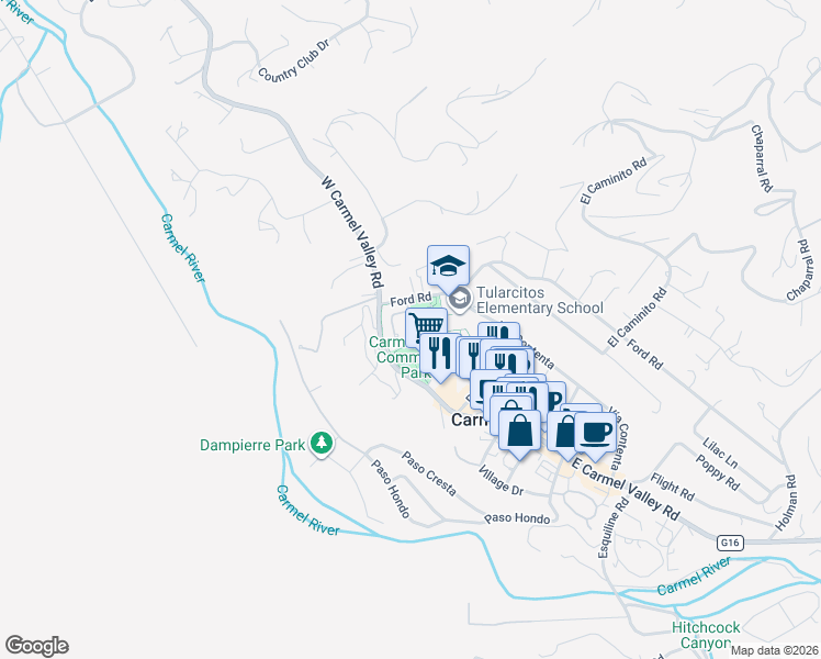 map of restaurants, bars, coffee shops, grocery stores, and more near 20 Woodside Place in Carmel Valley