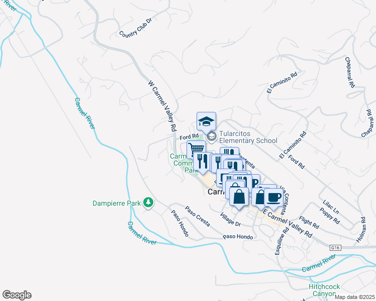 map of restaurants, bars, coffee shops, grocery stores, and more near 20 Woodside Place in Carmel Valley