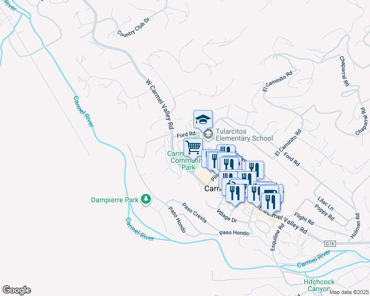map of restaurants, bars, coffee shops, grocery stores, and more near 20 Woodside Place in Carmel Valley
