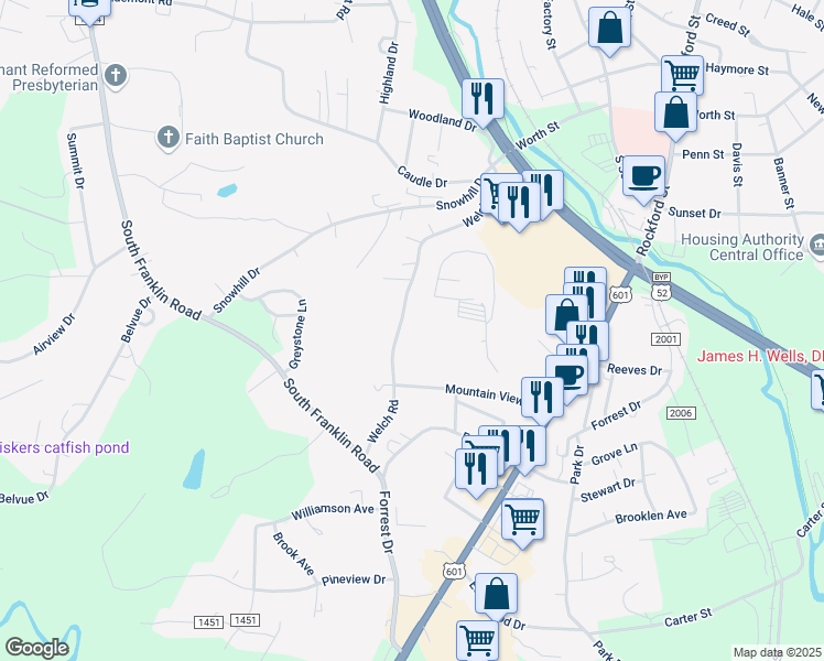 map of restaurants, bars, coffee shops, grocery stores, and more near 318 Welch Road in Mount Airy