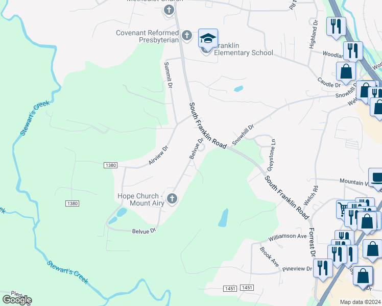 map of restaurants, bars, coffee shops, grocery stores, and more near 154 Belvue Drive in Mount Airy