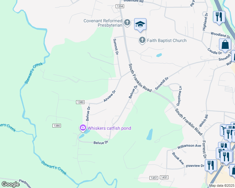 map of restaurants, bars, coffee shops, grocery stores, and more near 213 Airview Drive in Mount Airy