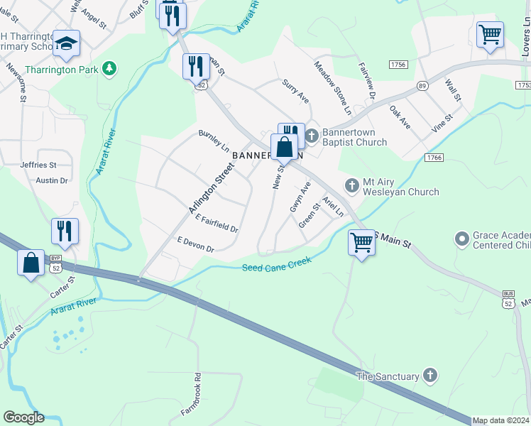 map of restaurants, bars, coffee shops, grocery stores, and more near 174 New Street in Mount Airy