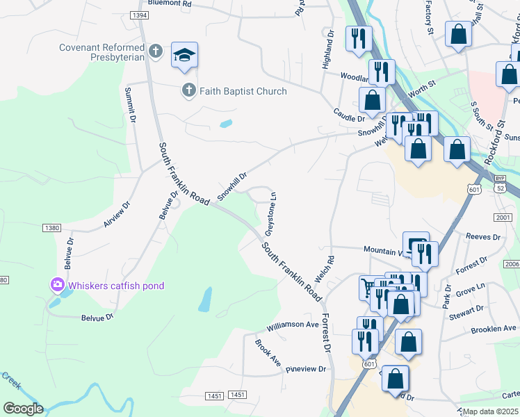 map of restaurants, bars, coffee shops, grocery stores, and more near 101 Cobblestone Court in Mount Airy