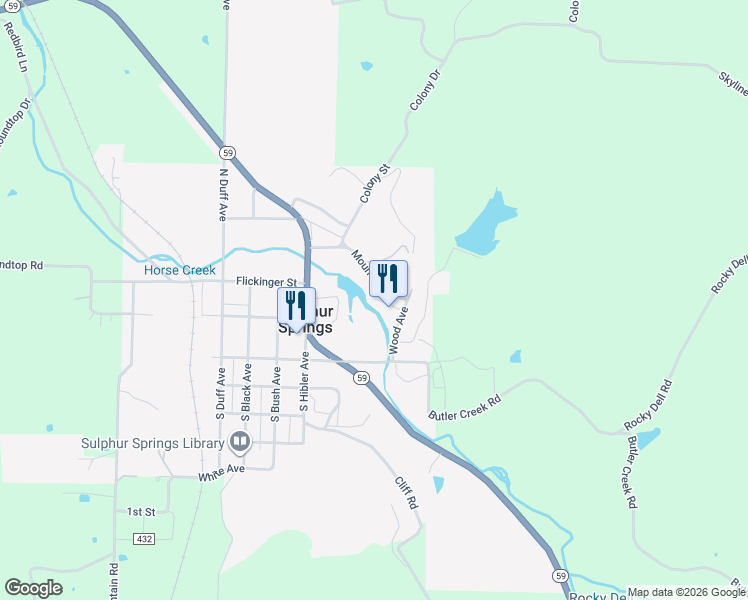 map of restaurants, bars, coffee shops, grocery stores, and more near 122 Mountain Street in Sulphur Springs