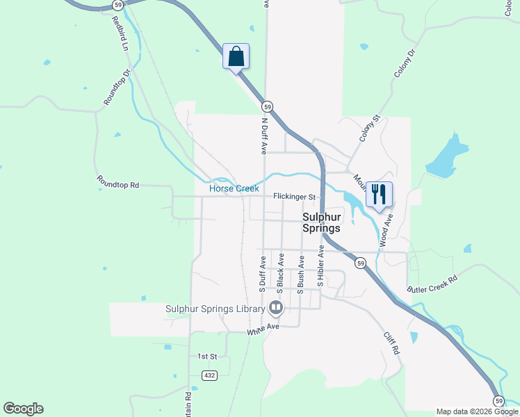 map of restaurants, bars, coffee shops, grocery stores, and more near 116 North Duff Avenue in Sulphur Springs