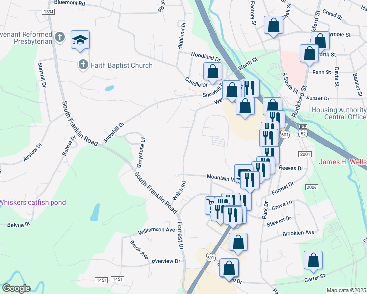 map of restaurants, bars, coffee shops, grocery stores, and more near 318 Welch Road in Mount Airy