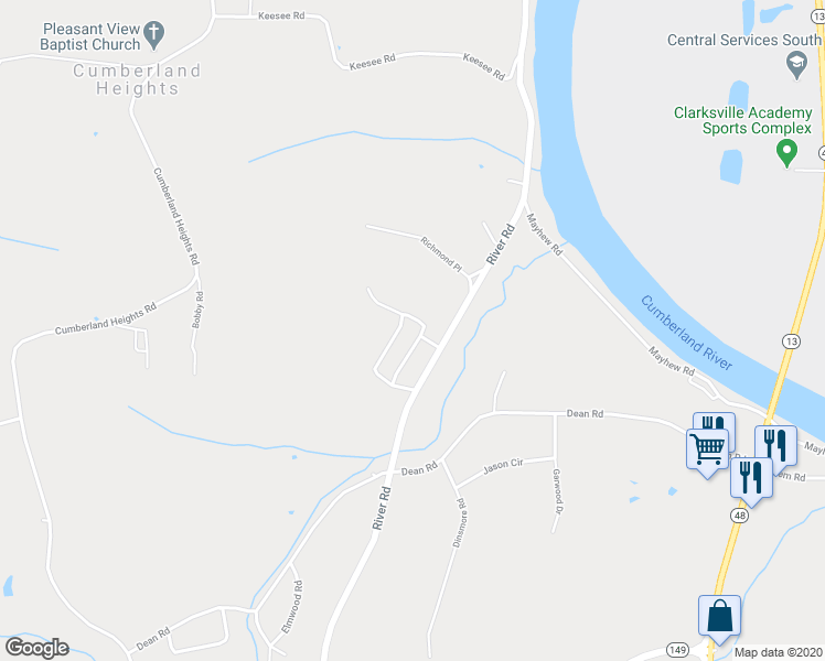 map of restaurants, bars, coffee shops, grocery stores, and more near 1580 Skyline Terrace in Clarksville