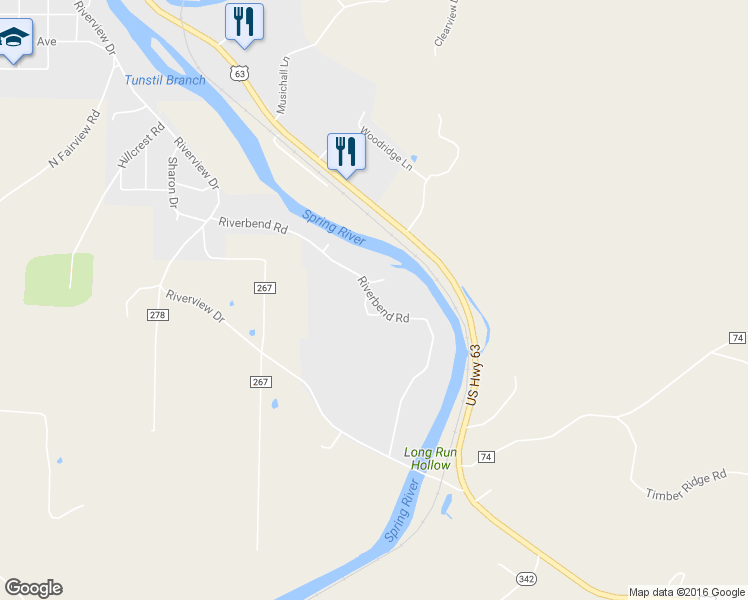 map of restaurants, bars, coffee shops, grocery stores, and more near Riverbend Road in Mammoth Spring