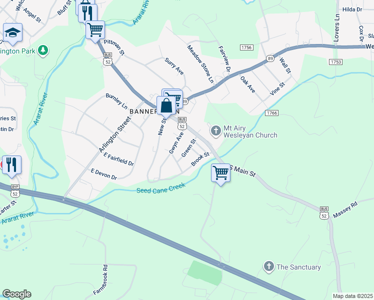 map of restaurants, bars, coffee shops, grocery stores, and more near 142 Green Street in Mount Airy