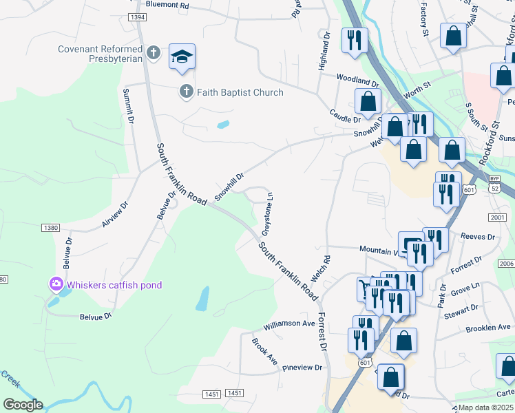 map of restaurants, bars, coffee shops, grocery stores, and more near 101 Cobblestone Court in Mount Airy