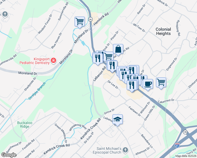 map of restaurants, bars, coffee shops, grocery stores, and more near 121 Lebanon Road in Kingsport