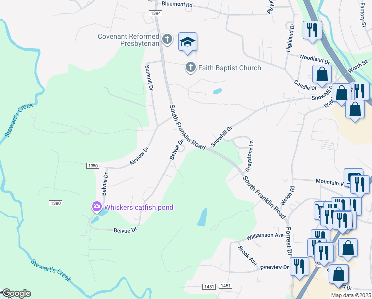 map of restaurants, bars, coffee shops, grocery stores, and more near 116 Rocket Way in Mount Airy