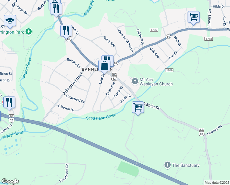 map of restaurants, bars, coffee shops, grocery stores, and more near 142 Green Street in Mount Airy