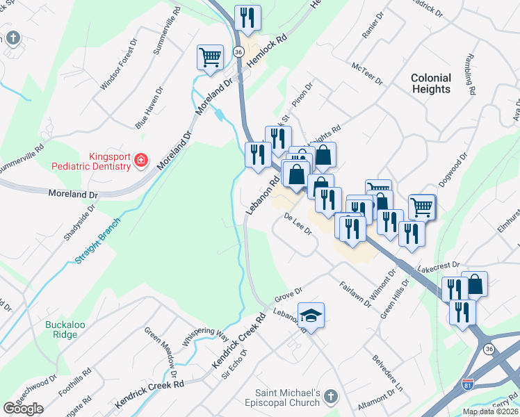 map of restaurants, bars, coffee shops, grocery stores, and more near 121 Lebanon Road in Kingsport