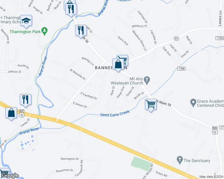map of restaurants, bars, coffee shops, grocery stores, and more near 174 New Street in Mount Airy