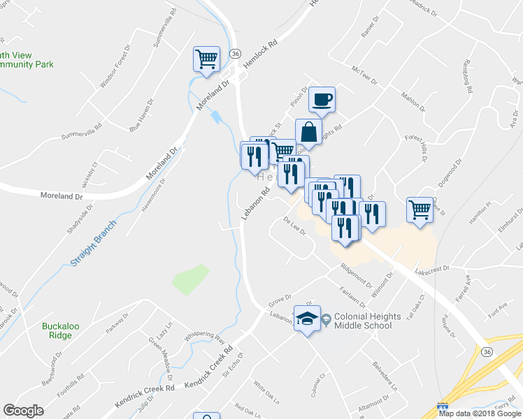 map of restaurants, bars, coffee shops, grocery stores, and more near 121 Lebanon Road in Kingsport