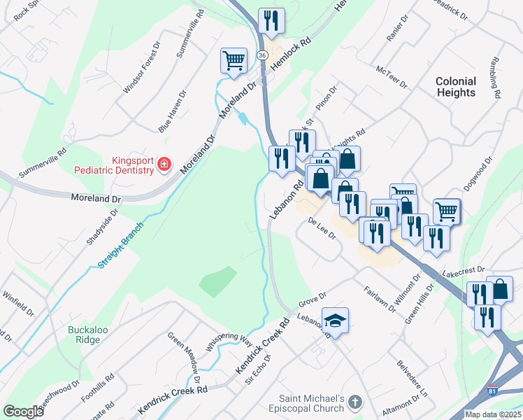 map of restaurants, bars, coffee shops, grocery stores, and more near 302 Ashley Oaks Private Drive in Kingsport