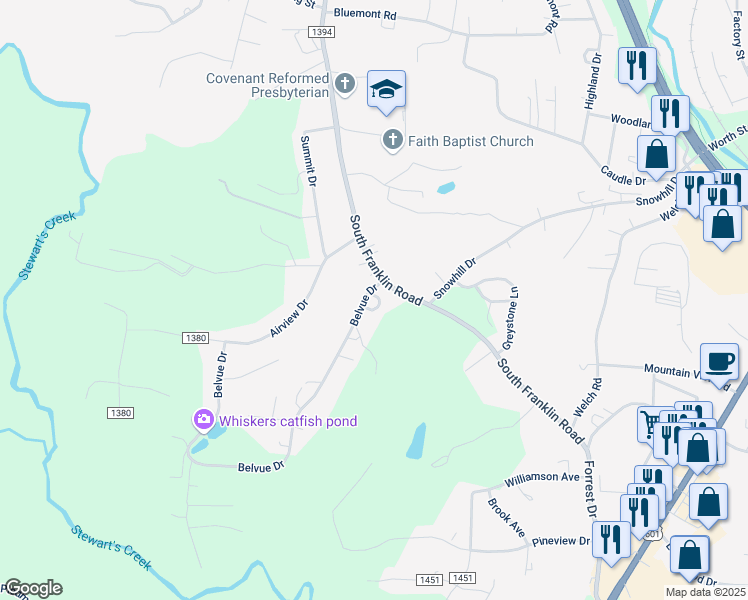 map of restaurants, bars, coffee shops, grocery stores, and more near 116 Rocket Way in Mount Airy