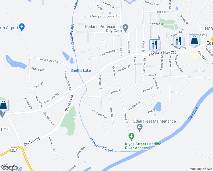 map of restaurants, bars, coffee shops, grocery stores, and more near 817 Carter Street in Eden