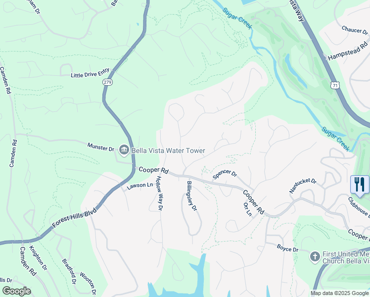 map of restaurants, bars, coffee shops, grocery stores, and more near 5 Finger Drive in Bella Vista