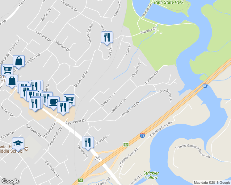 map of restaurants, bars, coffee shops, grocery stores, and more near Elmhurst Drive in Colonial Heights