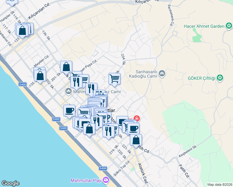 map of restaurants, bars, coffee shops, grocery stores, and more near 1 243. Sokak in Alanya