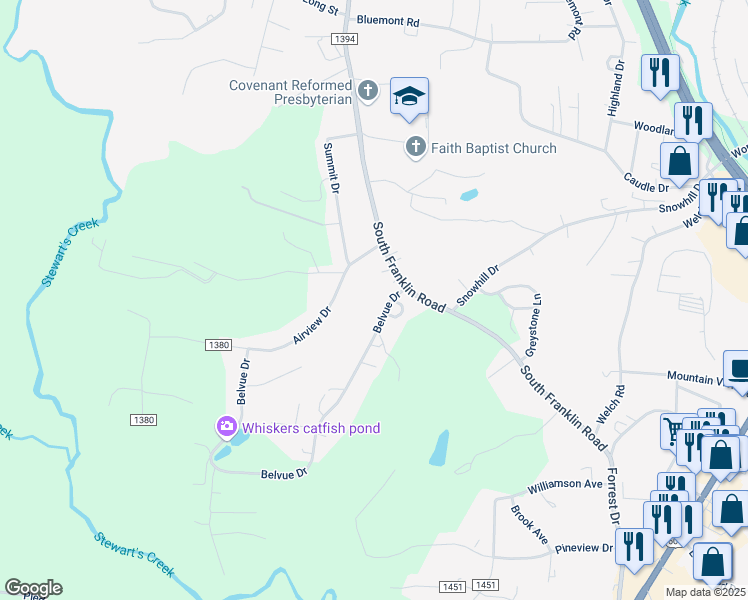 map of restaurants, bars, coffee shops, grocery stores, and more near 154 Belvue Drive in Mount Airy