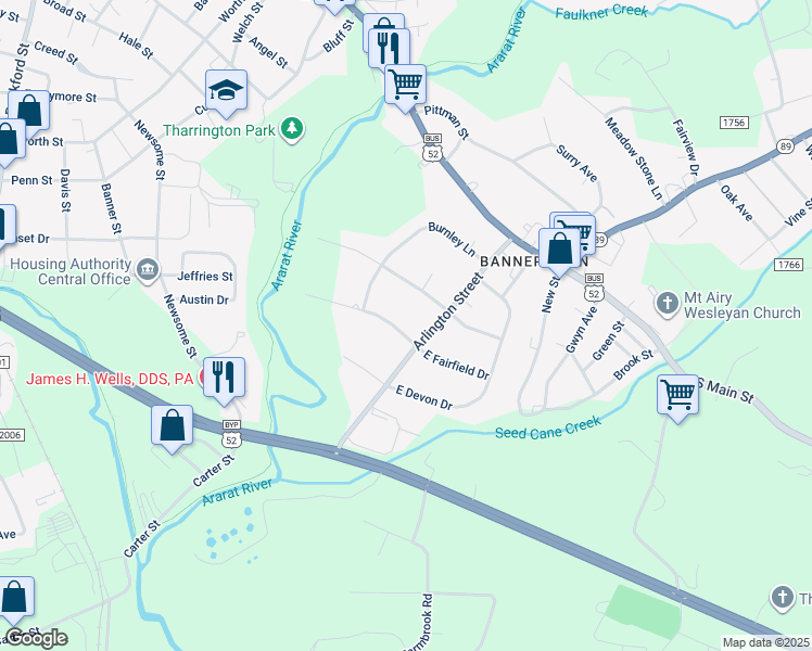 map of restaurants, bars, coffee shops, grocery stores, and more near 1541 West Fairfield Drive in Mount Airy