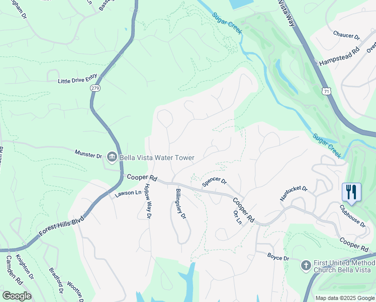 map of restaurants, bars, coffee shops, grocery stores, and more near 6 Newark Lane in Bella Vista