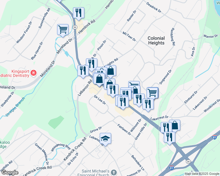 map of restaurants, bars, coffee shops, grocery stores, and more near 101 Professional Park Drive in Kingsport