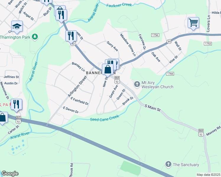 map of restaurants, bars, coffee shops, grocery stores, and more near 127 New Street in Mount Airy