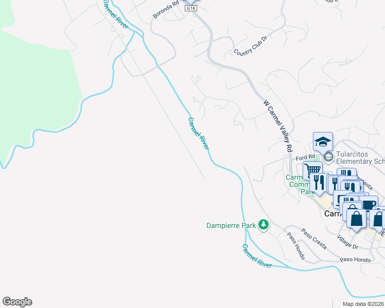 map of restaurants, bars, coffee shops, grocery stores, and more near 73 East Garzas Road in Carmel Valley