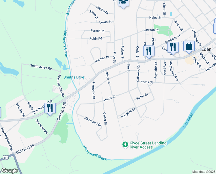 map of restaurants, bars, coffee shops, grocery stores, and more near 1208 Manning Street in Eden