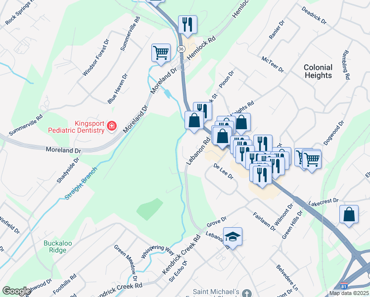 map of restaurants, bars, coffee shops, grocery stores, and more near 504 Ashley Oaks Private Drive in Kingsport